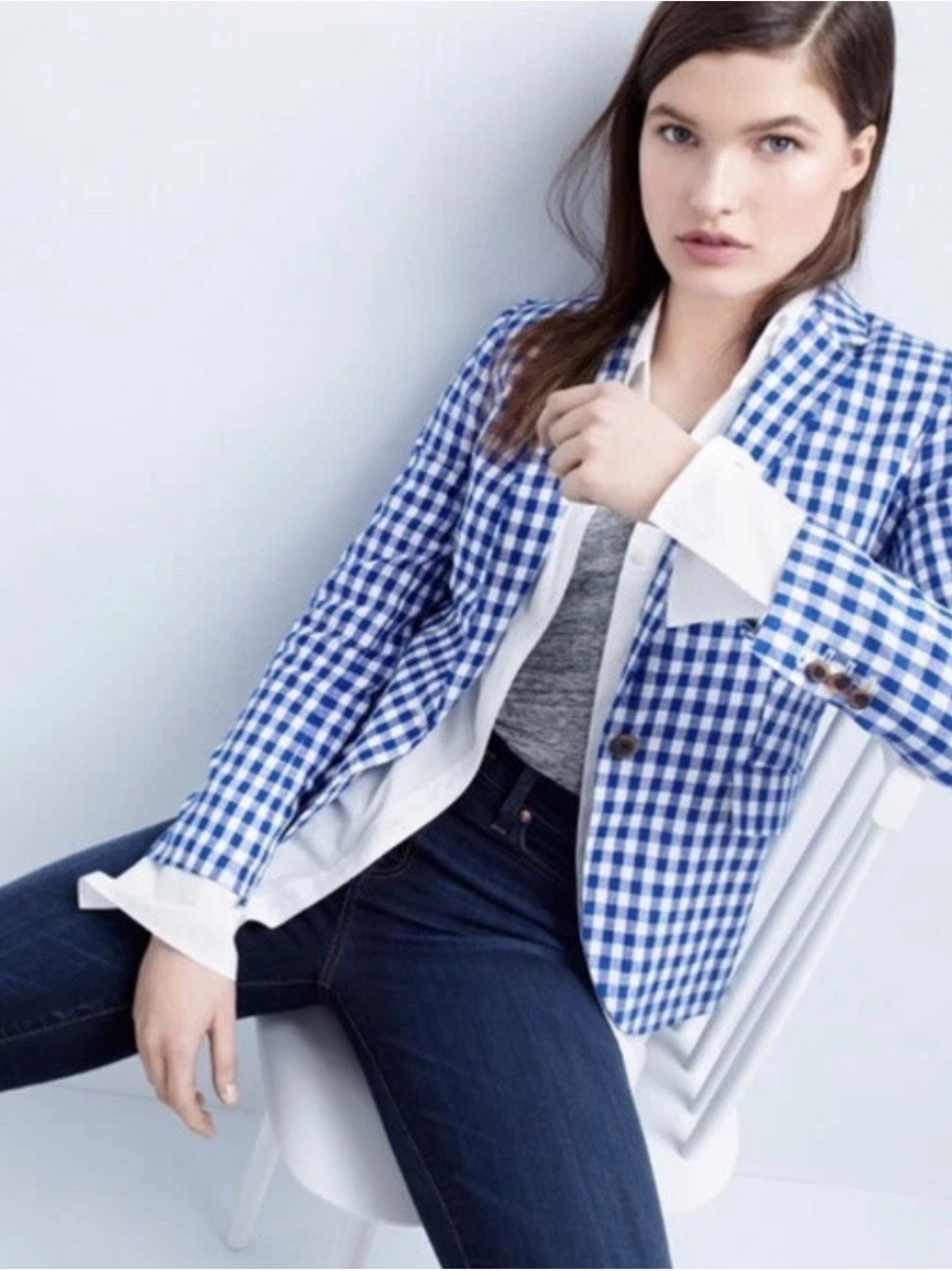 J. Crew Blue Gingham Campbell Linen Blazer Preppy Check Coastal Sz 8- Like New
